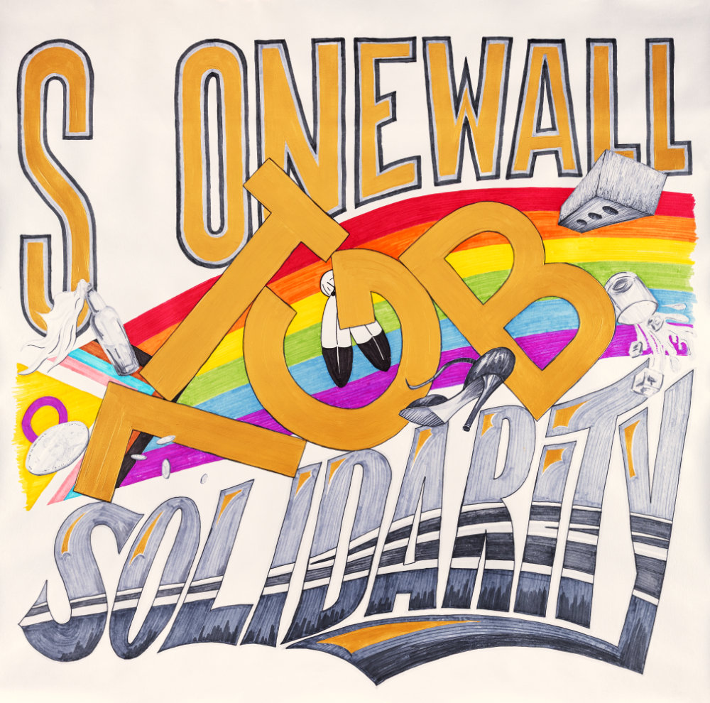 This piece features large text, the word Stonewall is featured at the top with the T missing from the word, this is in response to the national parks removal of trans people from the Stonewall monument. In the middle of the piece are large letters T L G B stacked and shifted to appear as if the L G and B are working together to keep the T in Stonewall. Surround those letters are small objects that could have been thrown during the Stonewall Uprising at the beginning of the queer rights movement. The small items are a molotov cocktail, coins, a high healed shoe, a glass containing a drink spilling out, and of course a brick. Behind the items and the letters T L G B is the latest rendition of the inclusive pride flag. Below that is the word Solidarity, because we know what happens when one groups rights are attacked, the rest of ours will be next. May this serve as a reminder that queers didn't get to where we are today without trans folk. It's clear rights are being chiseled away from our friends and chosen family members. This is not the time to sit idle, the L G and B have been singled out, so we need to be the ones advocating and supporting them. Regardless of how many times they try to erase people from existing, I'm confident there will always be a T in Stonewall, because I trust the love I've seen coming from this ever growing community. Unit our love and respect for our queer kin and we'll get through this together, just as we always have. Let's help lift one another, solidarity ✌️❤️🌈